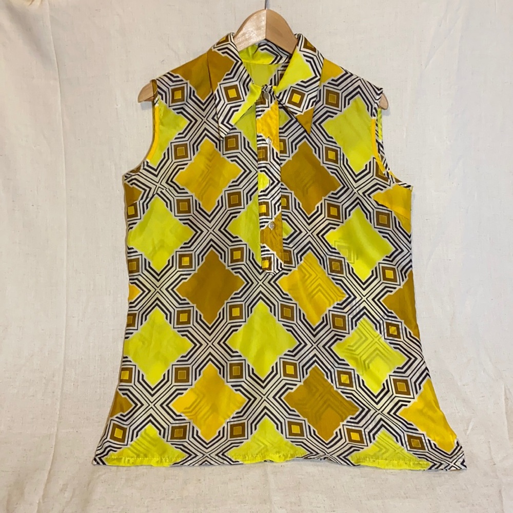 Vintage Geometric Sleeveless Shirt with Wide Collar